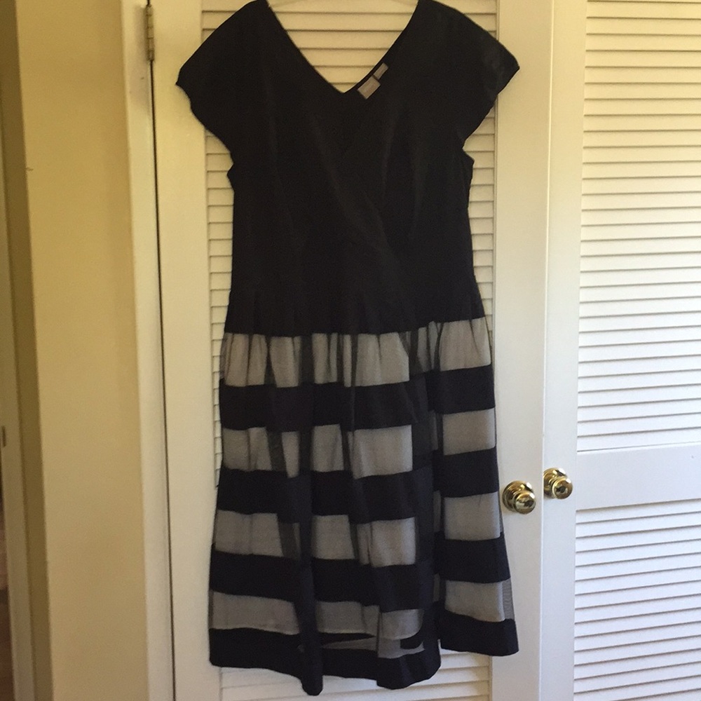 Black mid length dress w/stripes on the bottom